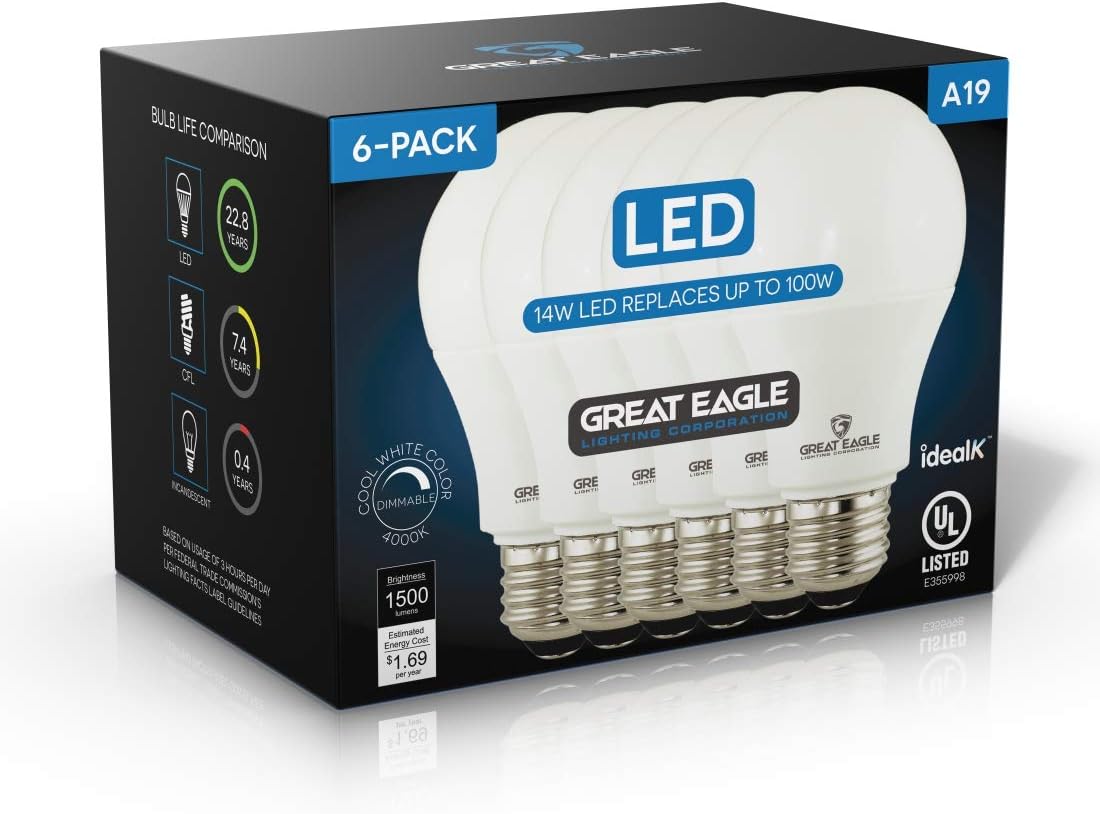 GREAT EAGLE LIGHTING CORPORATION 100W Equivalent LED A19 Light Bulb 1500 Lumens Cool White 4000K Dimmable 14-Watt UL Listed (6-Pack) - - 