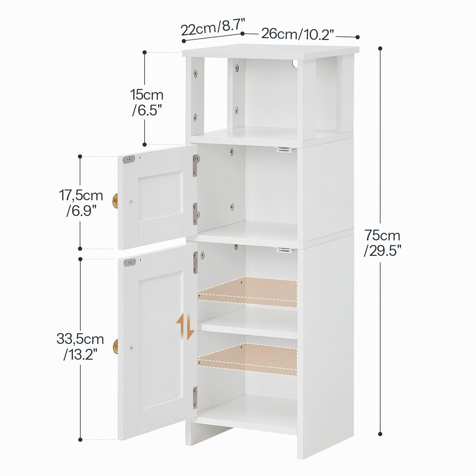 HOOBRO Schmaler Badezimmerschrank, freistehender Badschrank mit verstellbarem Einlegeboden, Hochschrank für Badezimmer, Waschküchen, einfache Montage, offener und verdeckter Stauraum, Weiß EWT42BC01