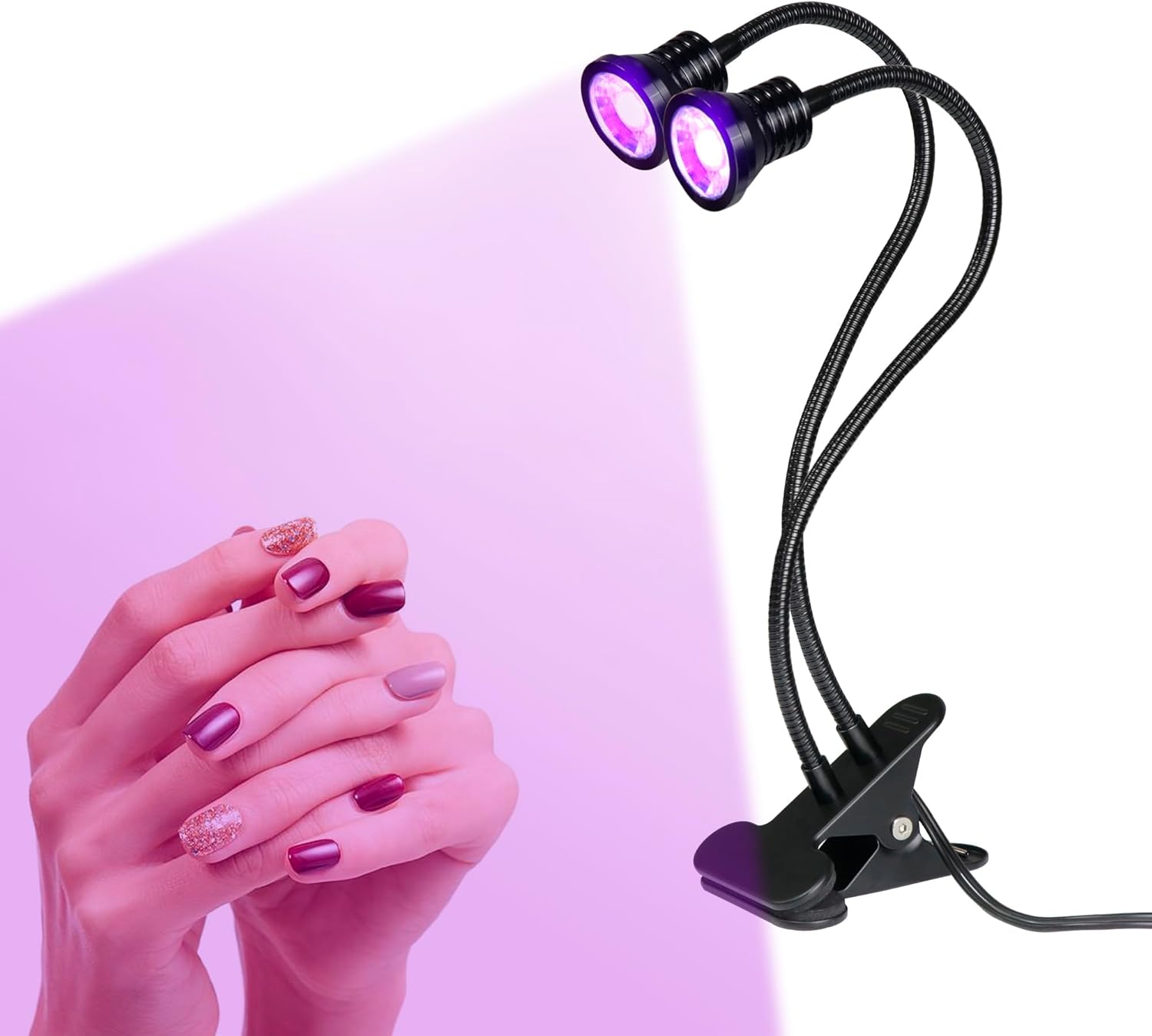 YXO YUXINOU Upgraded 20w 395nm UV LED Black Fixture with Gooseneck and Clamp for UV Gel Nail UV Curing, Portable Dual Head UV Black Light 5V USB Input (365NM+395NM)