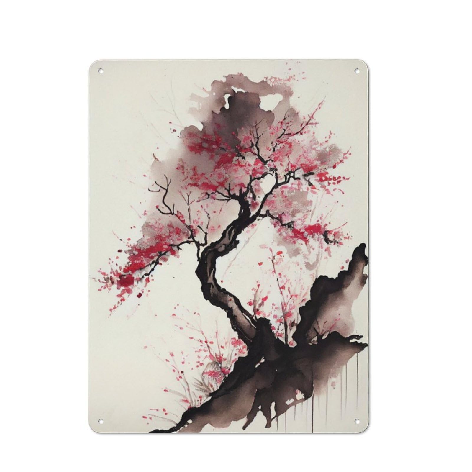 Junmoney Cherry Blossom Ink Wash Tin Sign 40X30cm With For Living Room Wall, Retro Decor, Gift Idea At Christmas For Living Room Decor Lovers