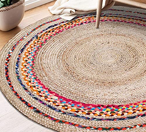 Image of Jute Braided Natural Hand Woven & Reversible Rug for Living Room Kitchen Entryway, Farmhouse Rustic Burlap Carpet Floor Mat (cottonjute, 180cm)