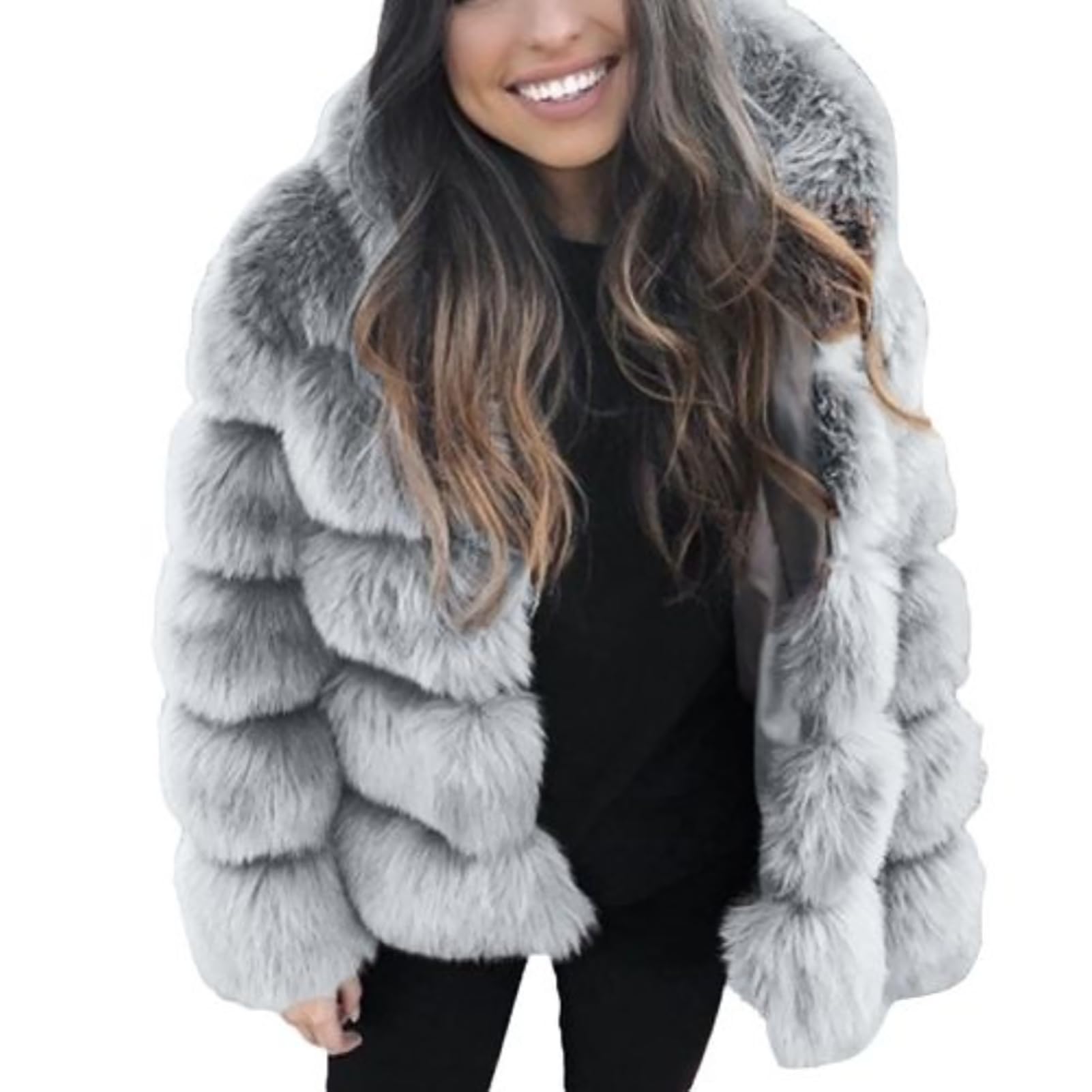 ulafbwur Coat Women Thicken Warm Fluffy Hooded Coat Long Sleeve Faux Fur Jacket Outerwear, Light Gray, Medium