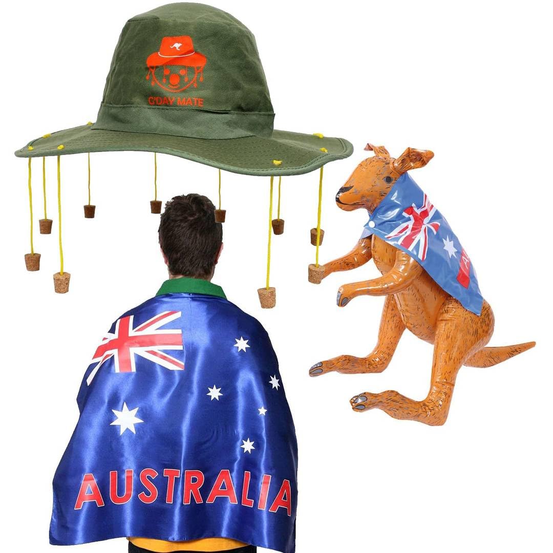 Australia Day Costume Set – Australian Flag, Aussie Cork Hat with Koala Print & Inflatable Brown Kangaroo – Fun Fancy Dress Outfit for Australia Day Parties, BBQs & Sporting Events