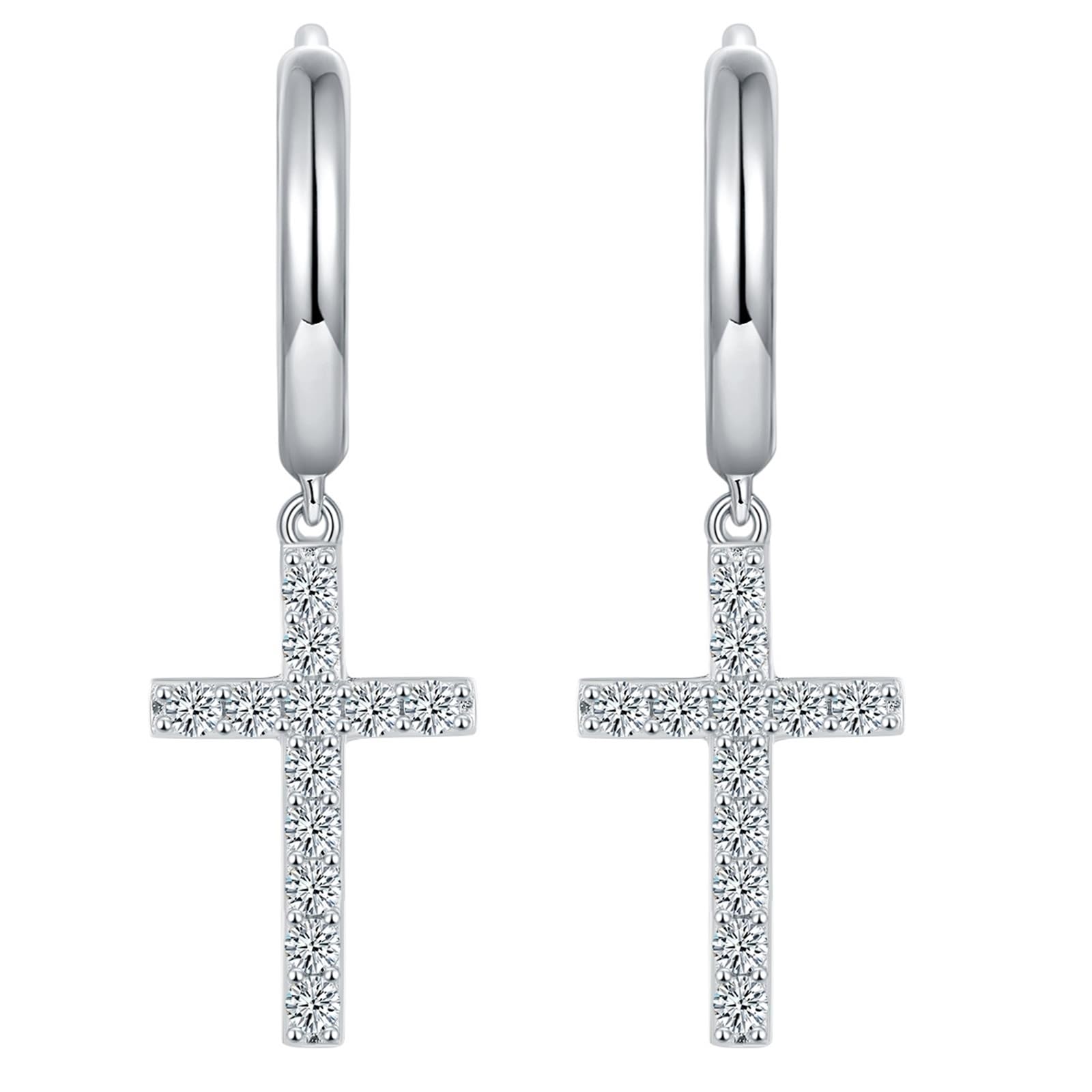 Epinki Orecchini da Donna Argento 925, Moissanite Pendente Croce Orecchini Ciondolo Gioielli