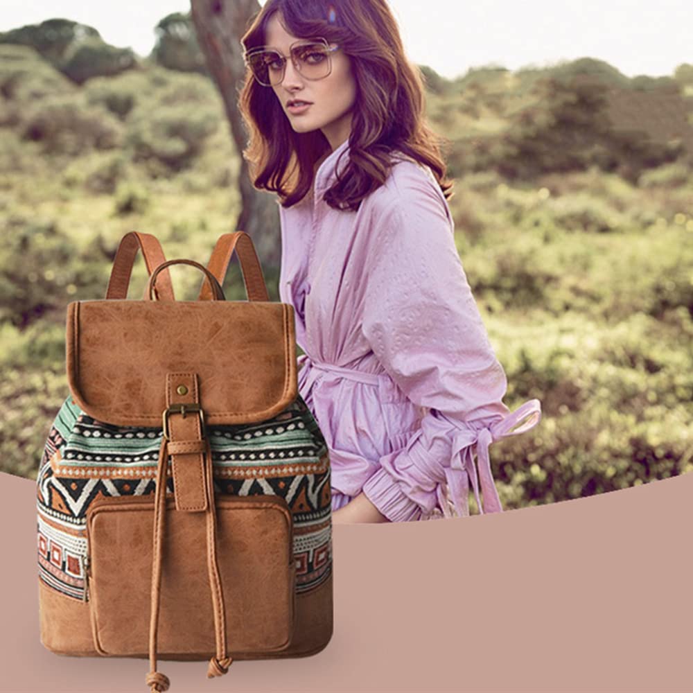 Mochila Bohemia Moda la Mochila de Lona y Cuero Impermeable Pequeño Mochila de Hombro con Correa de Hombro Ajustable para Compras Citas Fiestas Vacaciones Viajes al aire Libre