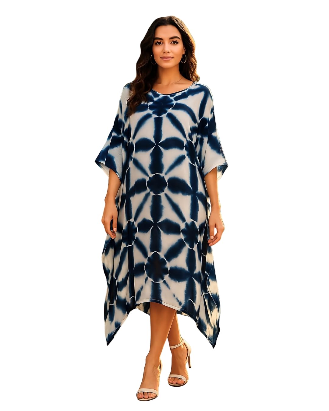 Women Navy Blue & White Handcrafted Tie-Dye Rayon Loose Fit Kaftan Dress | V-Neck | Flowy Kaftan Style | Lightweight & Breathable Fabric | Casual Wear (Available Size in S–4XL)