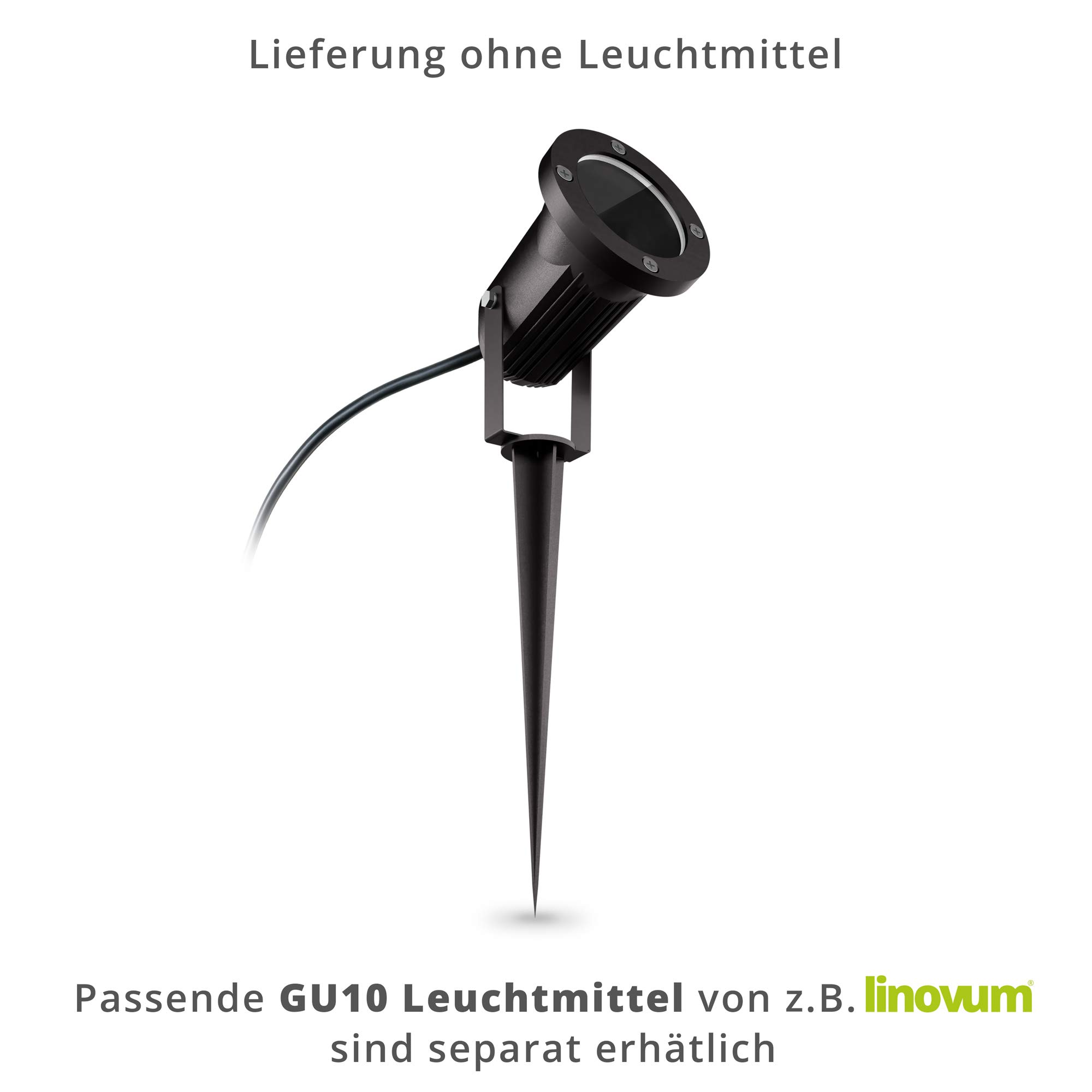 linovum CARI Gartenstrahler 3x schwarz Erdspieß GU10 IP65 2m | Drei Erdspießstrahler schwarz - für GU10, schwenkbar für Pflanzen & Wege, 2m Schuko-Kabel, IP65 (ohne Leuchtmittel)