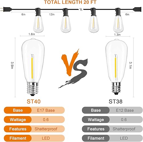 Miniatura 3 de ST40 - Tira de luces LED para exteriores de 20 pies con 22 bombillas Edison inastillables, base de tornillo C9E17, luces impermeables de grado