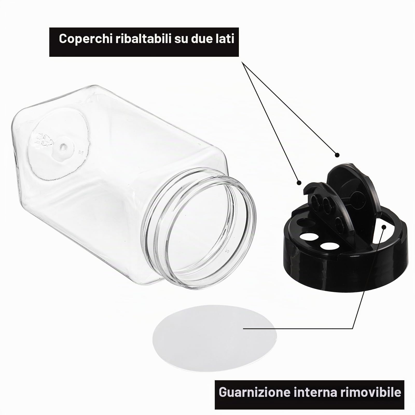 Bekith 16 Pezzi Vasetto di Condimento in Plastica con Coperchio Superiore Adatto per Conservare Spezie, Erbe, Polveri, 260ml