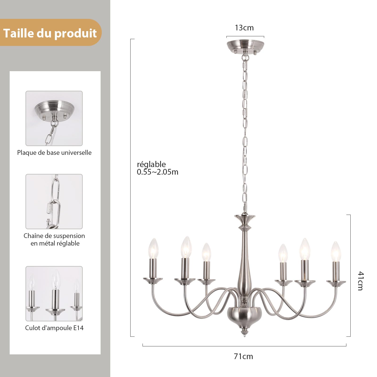 Lustre Salon Moderne Lustre Salle à Manger Bougie Chandelier Lustres Couleur Nickel,6*E14 Style RéTro -Convient Pour La Salle à Manger, Cuisine,EntréE（Non Incluses）