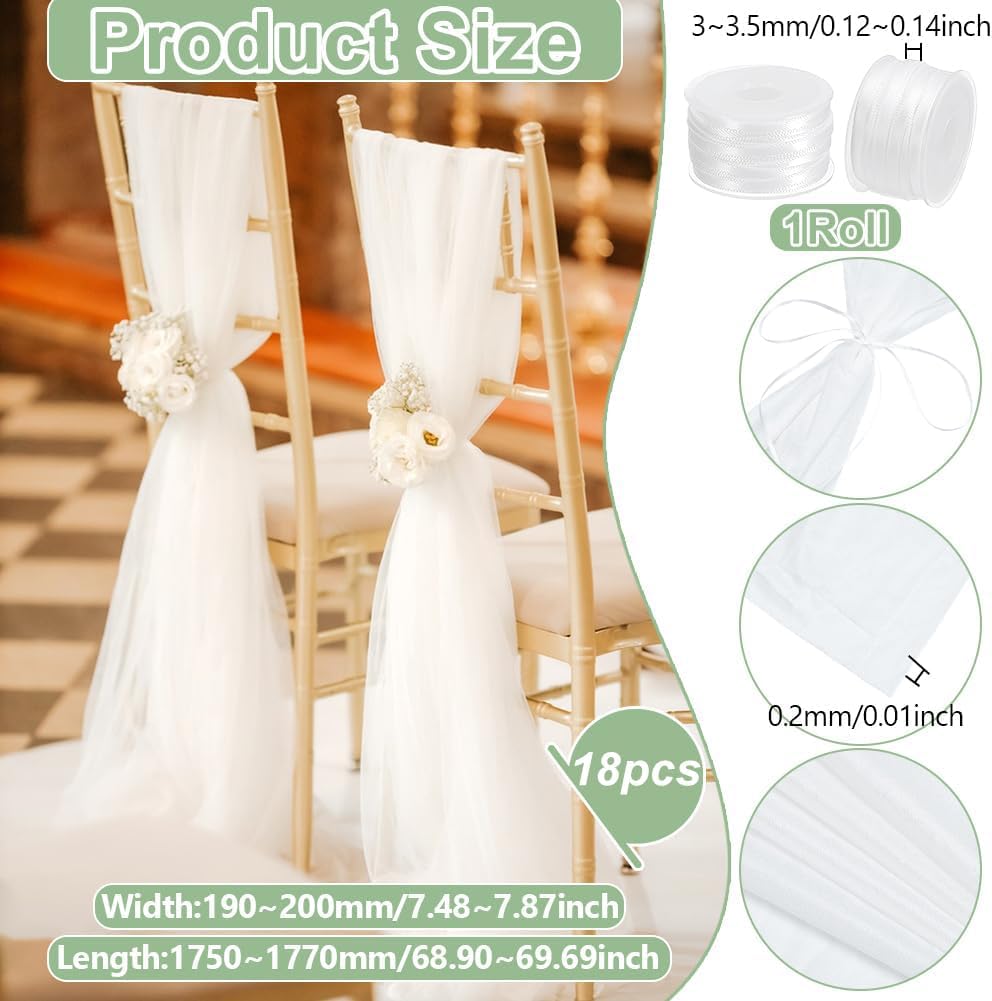 UNICRAFTALE 18Pcs Cheesecloth Chair Sashes Bows White Chair Sashes with Ribbon 175cm Long Aisle Wedding Chairs Back Side Decorations Fabric Sheer Church Tulle Chairs Drapes for Banquet 68.9"x7.48"