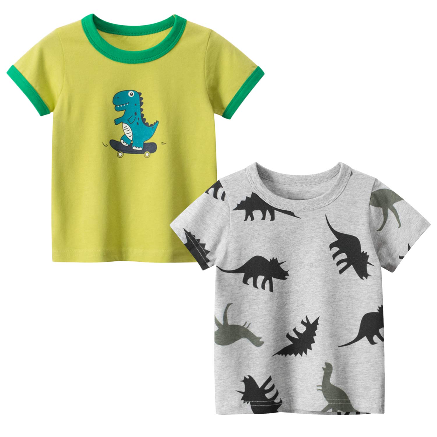 2-Pack/3-Pack Toddler Boys Short Sleeve Animal Vehicle T-Shirts Little Boys Cotton Dinosaur Fire Truck Summer Tops