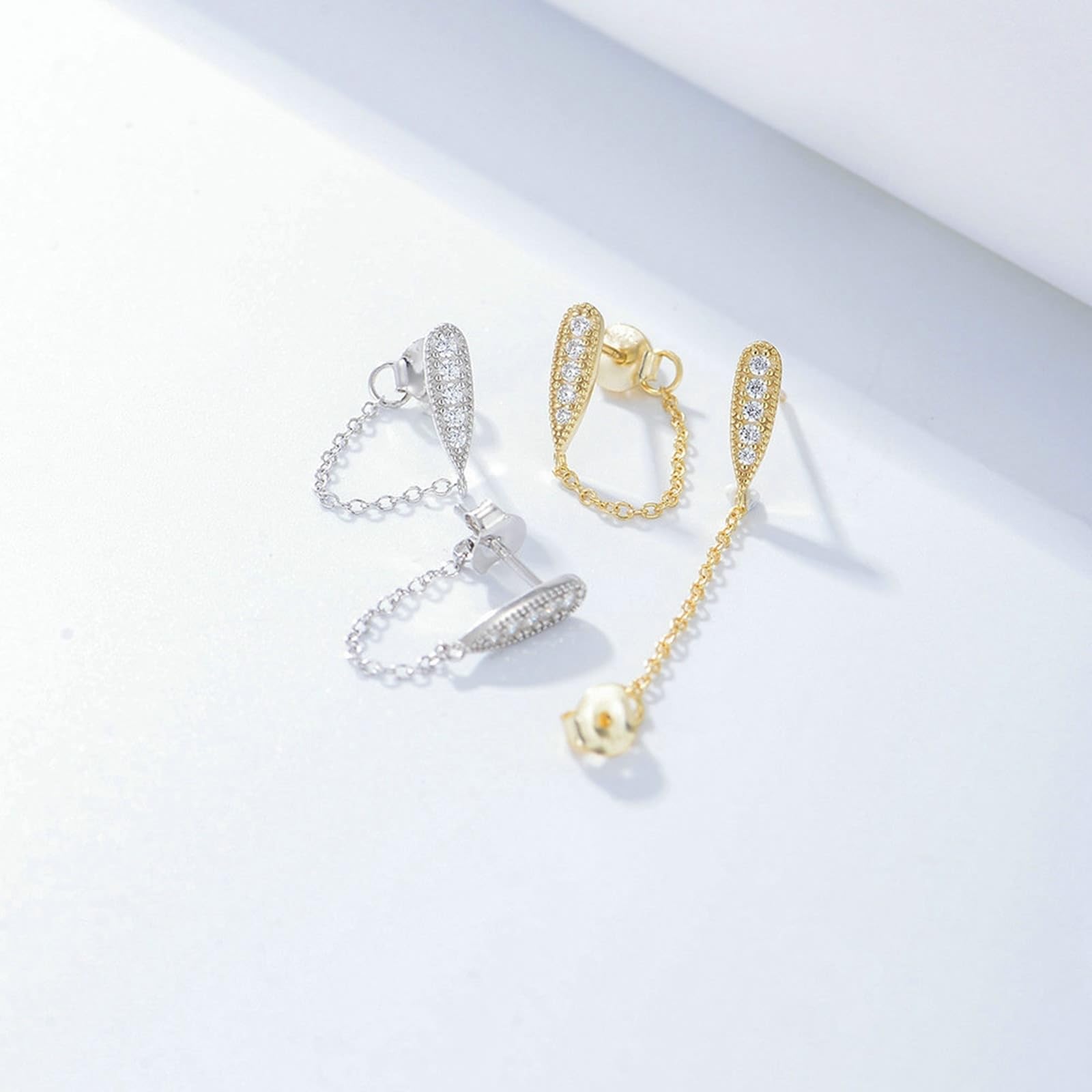 Pendientes de oro auténtico de 18 quilates de oro blanco 750 con diamante, cadena de pendientes