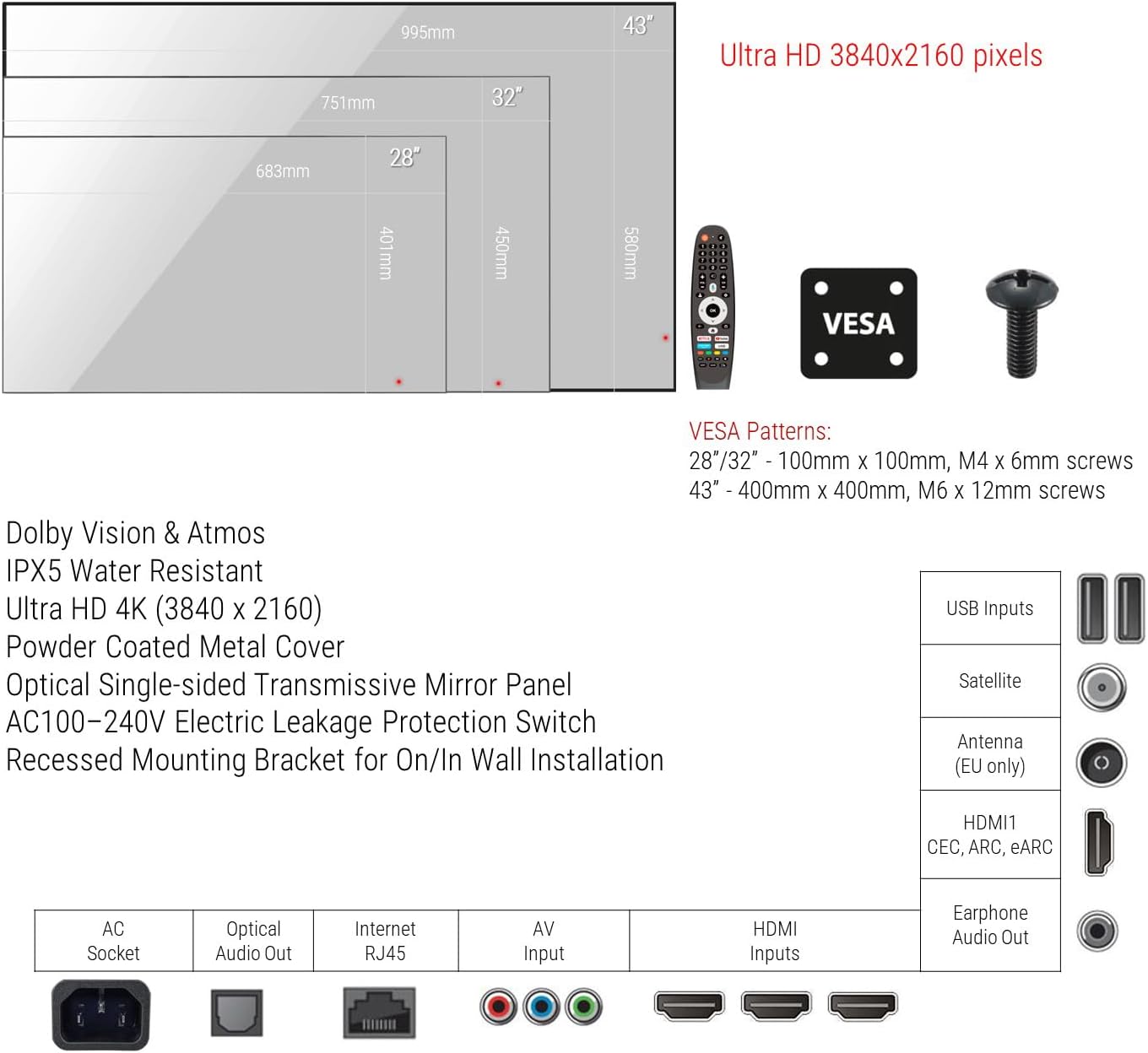 elecsung 28 inches Smart Mirror for Bathroom, 4K UHD, IPX6 Waterproof, ATSC DTV Television, Voice Control with Wi-Fi & Bluetooth, 2026 Model
