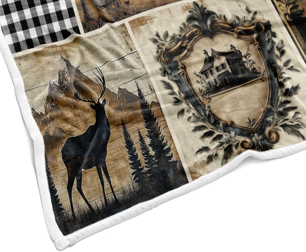 Rustic Cabin Throw Blankets, Farmhouse Animal Deer Cozy Warm Bed Couch Blanket, Plaid White Fleece Flannel Throws to Decorate The Room and Bedroom