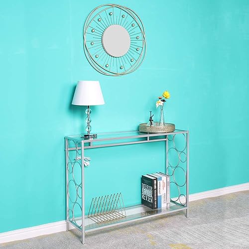 Miniatura 8 de SSLine Mesa consola de vidrio templado, mesa de sofá de cristal transparente, mesas de entrada con estante para pasillo, sofá, sala de estar,