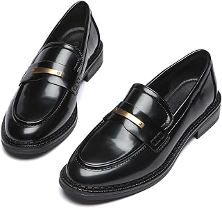 Women’s Leather Penny Loafers - Comfortable Slip-On Business Casual Shoes for Office Work & School - Black Professional Dressy Flats