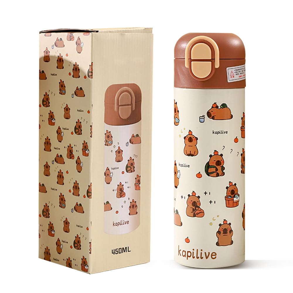 NKFBEV Capybara Water Bottle, 450ml Cute Insulated Water Bottle, Stainless Steel Water Bottle, Vacuum Insulated Water Bottle with Straw, Portable Thermal Flask for Kids Adults (Capybara Pattern)