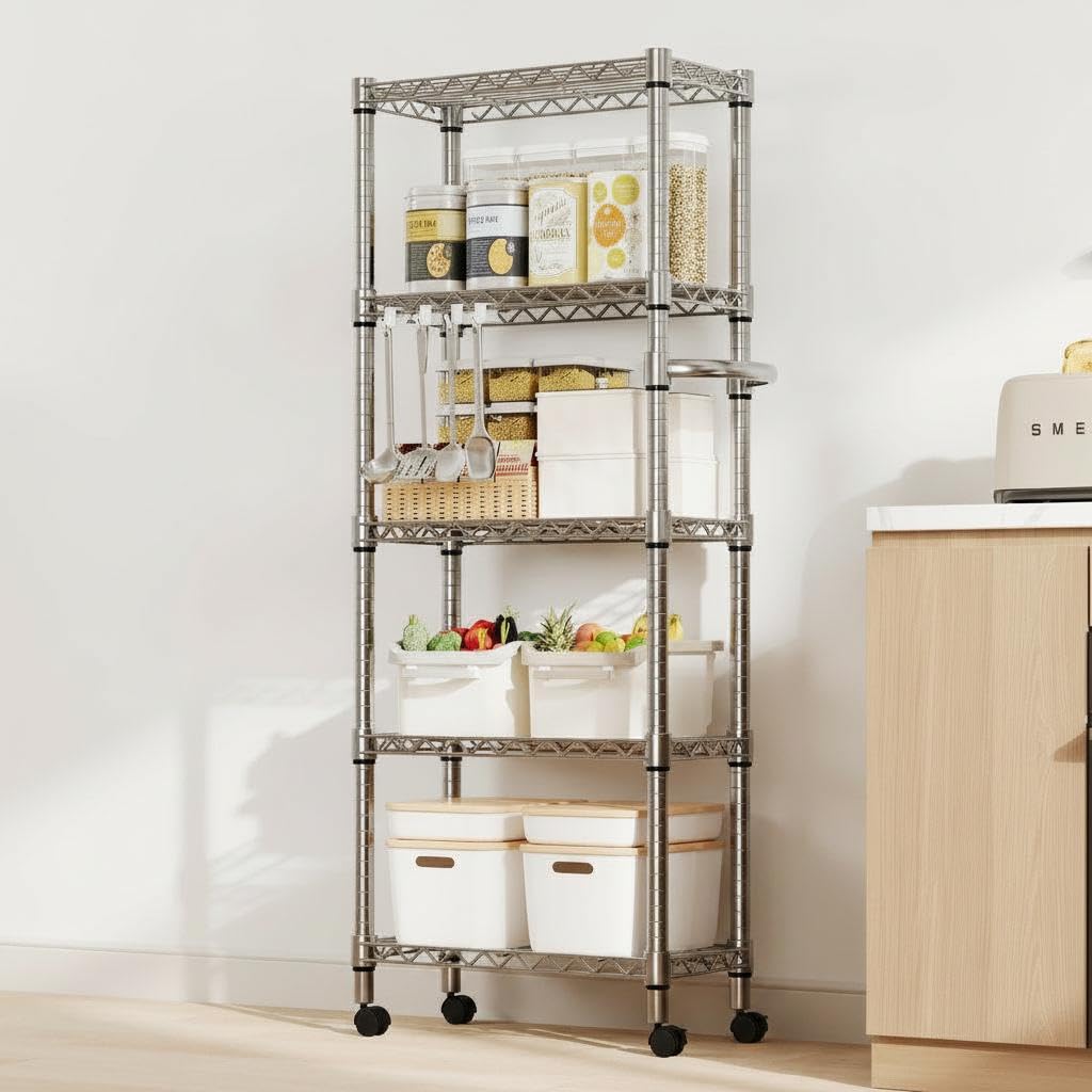 Schwerlast-Rollregal aus Drahtmetall, 5 Ebenen, ca. 155 cm hoch - höhenverstellbares Metallregal - bis 1100 lbs/499 kg, feststellbare Rollen - für Küche/Speisekammer/Garage - Silber