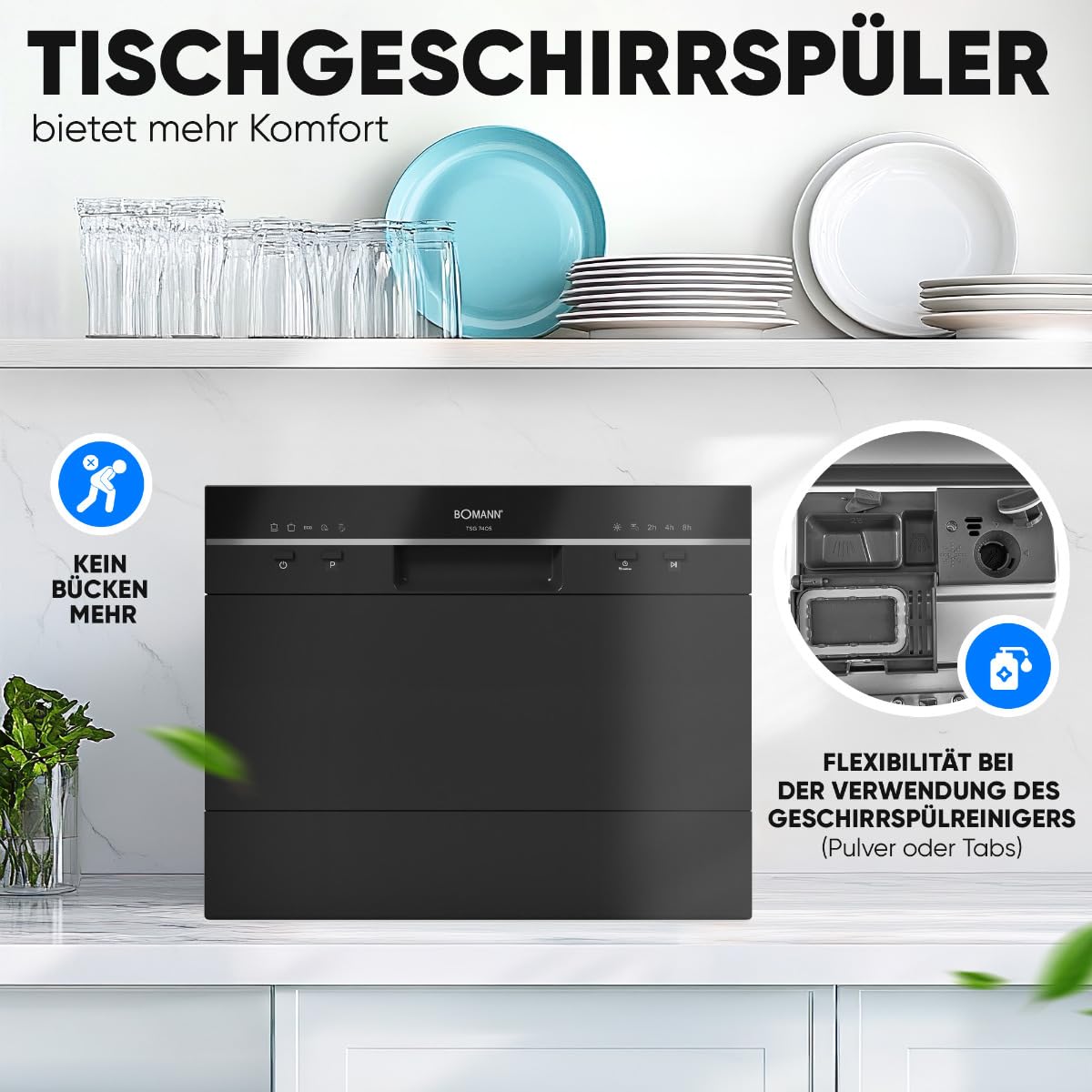 Bomann TSG 7405 Mini Geschirrspüler mit Wasseranschluss, leise, Überlaufsicherung, schwarz
