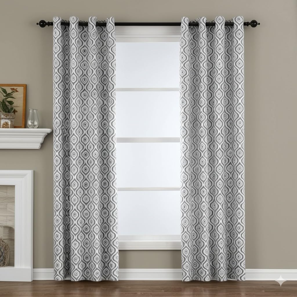 Natural 100% Cotton Curtains for Living Room Farmhouse 63 Inches Long Curtains for Bedroom Country Rustic Semi Blackout Geometric Kitchen Window 2 Panels Set Off White Grey 52” W x 63" L