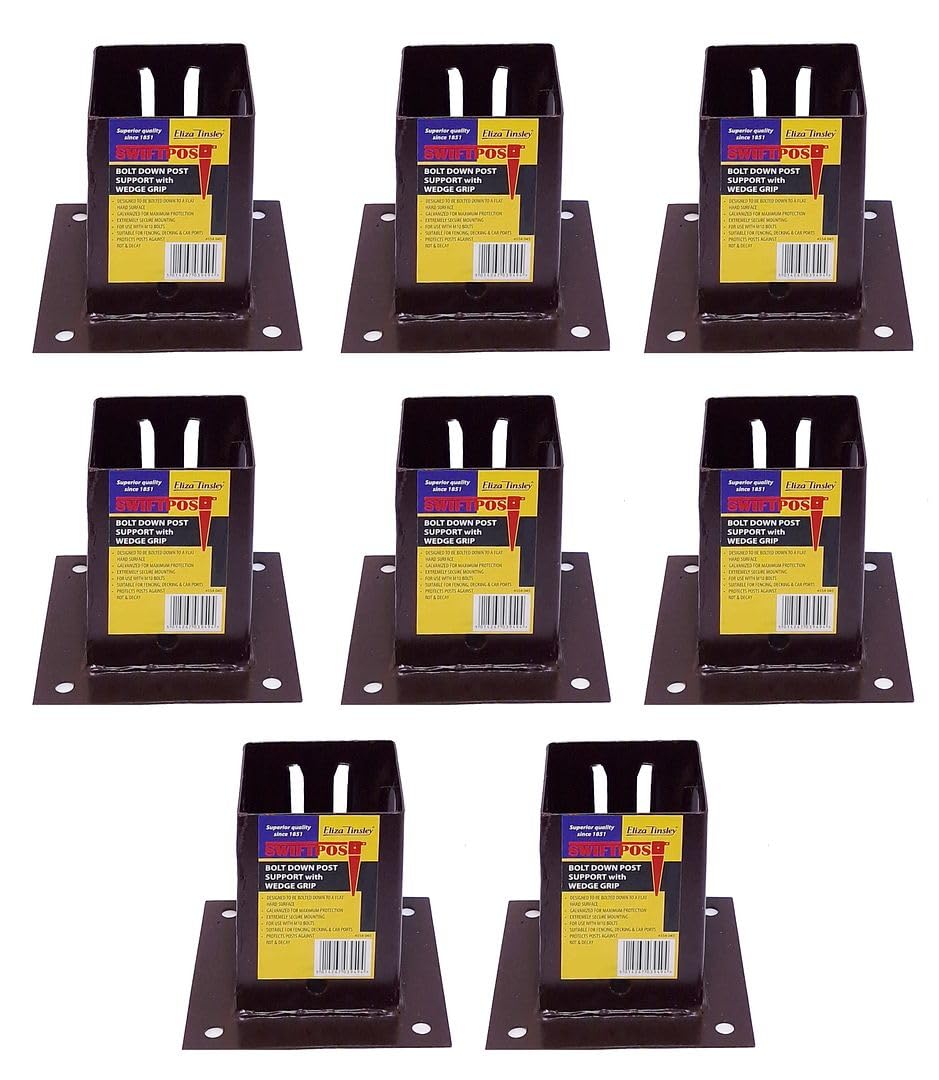 8 x Fence Post Holder 75mm posts Support Bolt Down Shoe Anchor Wedge Grip Brown for 75mm x 75mm posts (3") Eliza Tinsley Swiftpost, Pack of 8