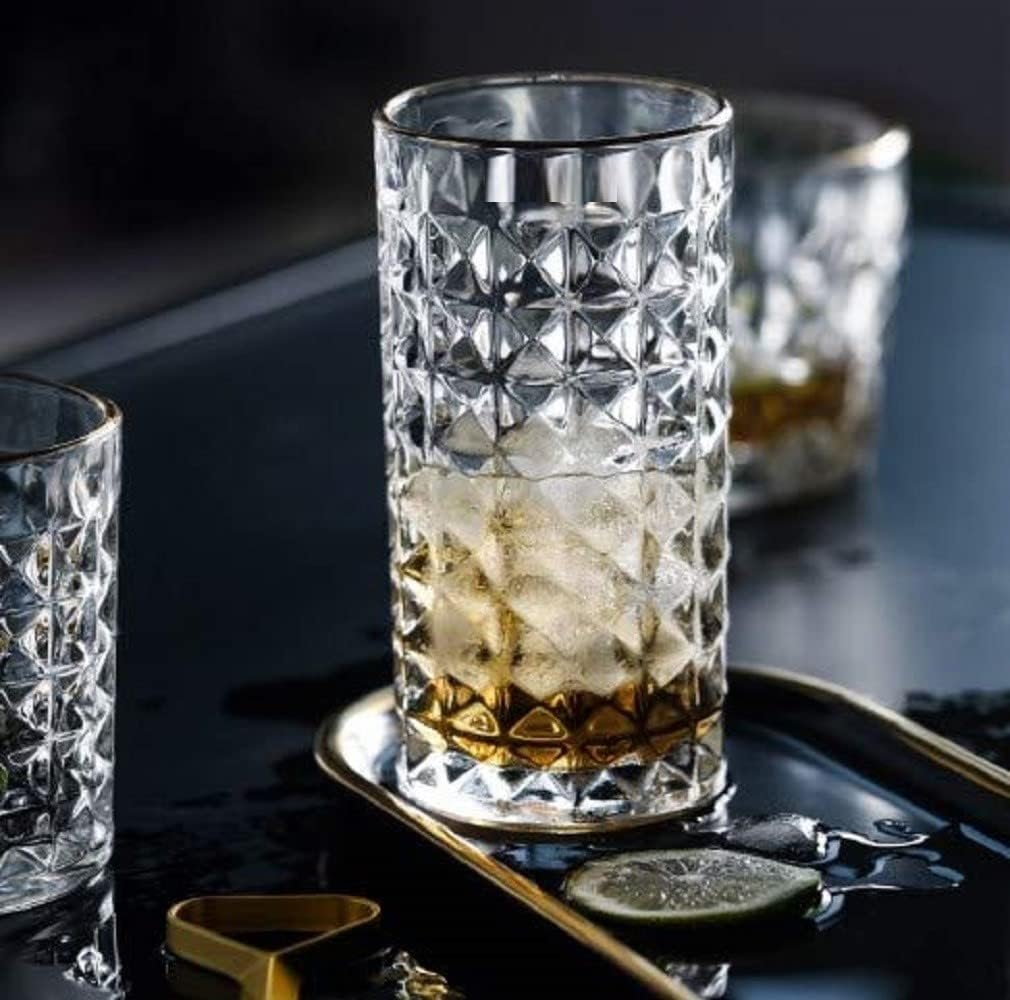 VILON Italian Premium Juice and Water Glasses Set of 6 Transparent, 300ml, Drinking Water Glasses Stylish and Crystal Square Highball Glasses for Water, Juice and Cocktails (Diamond Glass 300ML)