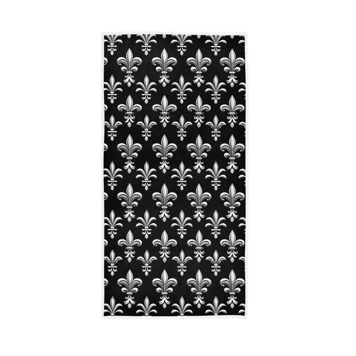 CHIFIGNO Black and White Fleur De Lis Hand Towel Absorbent Soft Face Towel Decorative Bath Towels for Bathroom Spa Gym Sports 30"x 15"