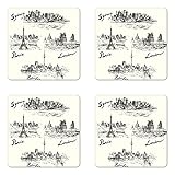 Ambesonne Travel Coaster Set of 4, Silhouettes of Different Popular Cities in World Paris Sidney Berlin London Print, Square Hardboard Gloss Coasters for Drinks, Cream Black