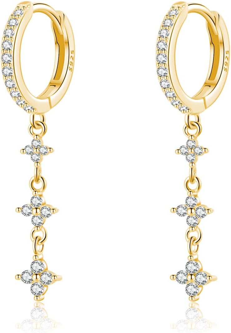 Reffeer Solid 925 Sterling Silver CZ Star Chain Dangle Earrings for Women Teen Girls Chain Drop Hoop Earrings