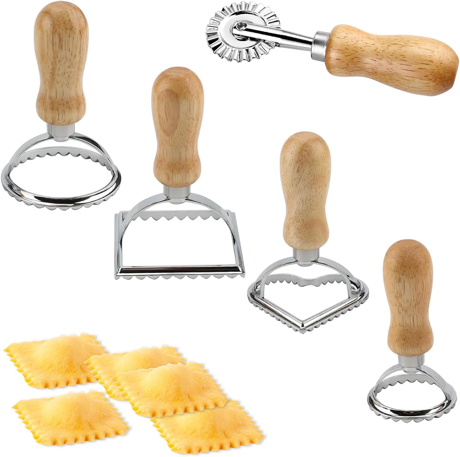 5 Pcs Ravioli Stamp Maker Cutter, Pasta Maker Mold Ravioli Cutters with Wooden Handle and Fluted Edge, Ravioli Press Wheel Pasta Making Tools for Making Ravioli, Cookies, Press Stamp