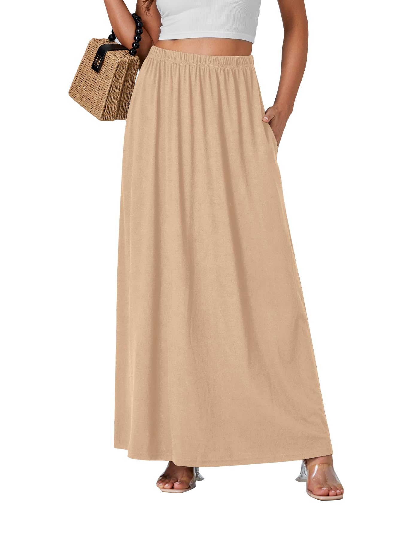 Jupe longue ourlet fluide élastique taille haute beige uni taille S