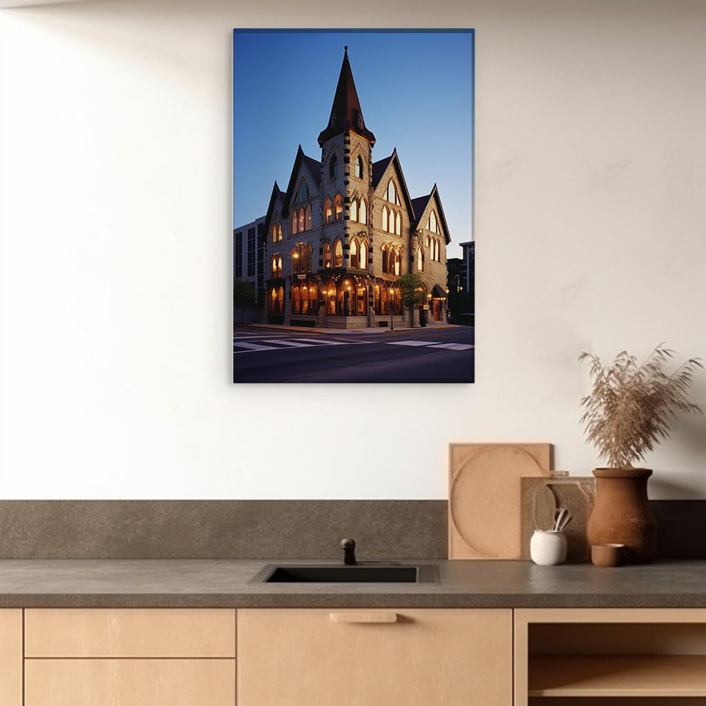 Canvas for Living room. Illuminated Charm of Gothic Grandeur: A Nighttime Glimpse of the Towering Brick Edifice, 27 x 18 inch Canvas Wall Art - Contemporary Masterpieces - Modern Home Decor