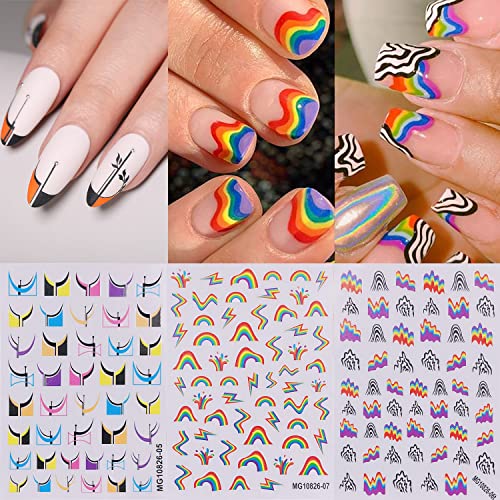 3 Sheets Rainbow Wave Nail Art Stickers French Tip Geometry Slider 3D Self-Adhesive Nails Art Decals Diy Manicure Decoration For Women And Girls #TOP1