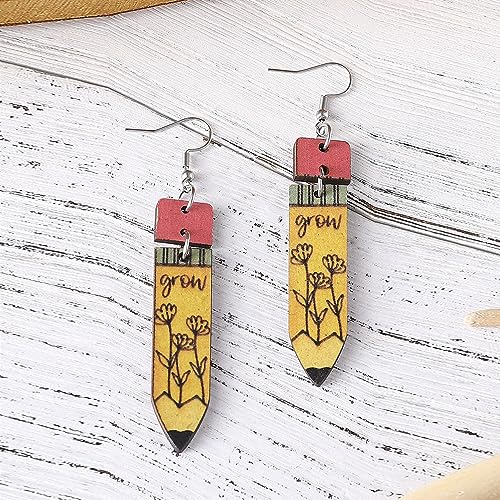 Cute Pencil Book Earrings Wooden Teacher Earrings for Women Lightweight Double Side Print Drop Dangle Earrings for Teacher Student3