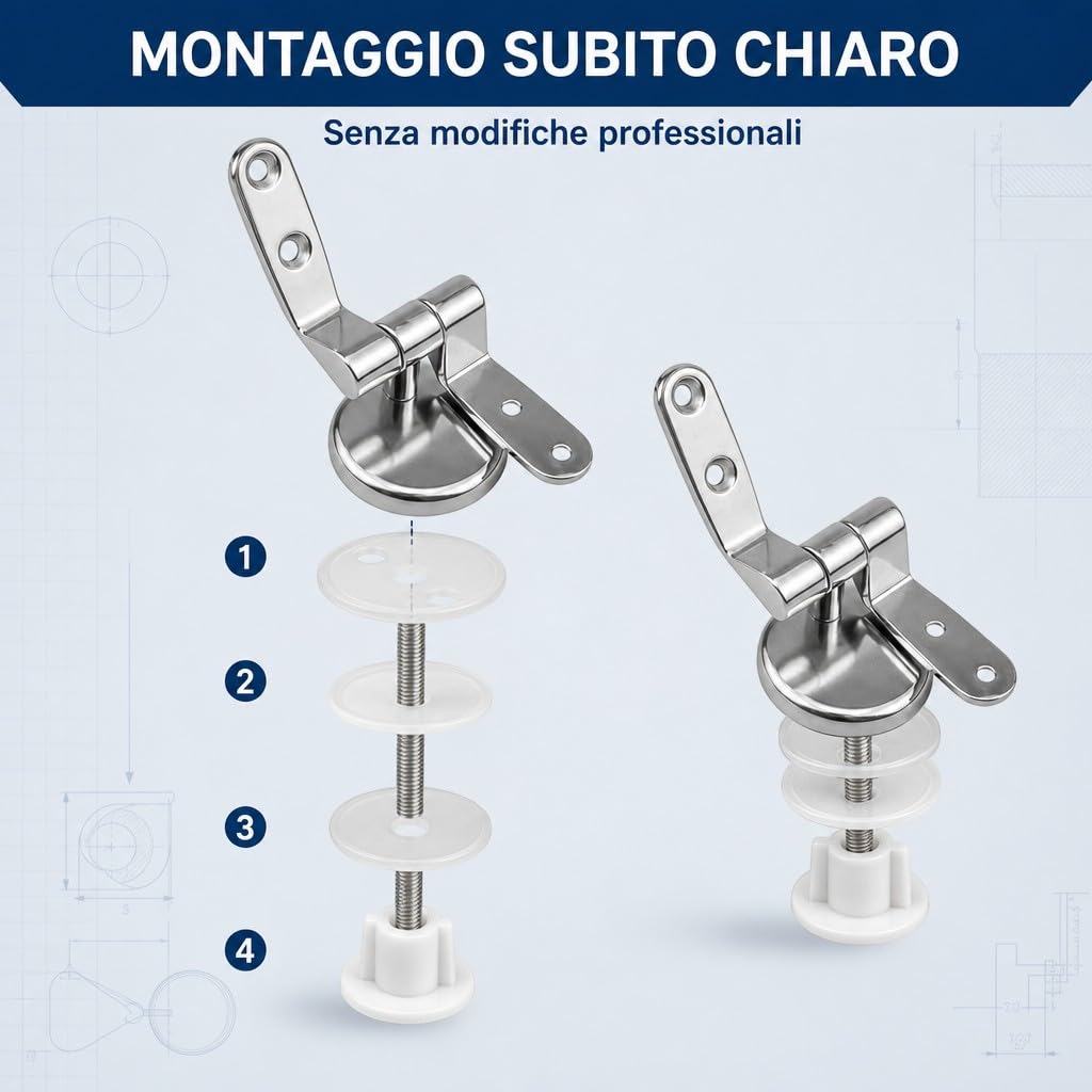 Cerniere Copriwater Universali Acciaio Inox HM con Viti e Guarnizioni, Kit Fissaggio Sedile WC Rotondo MDF Legno Resina, Ricambio Tavoletta WC