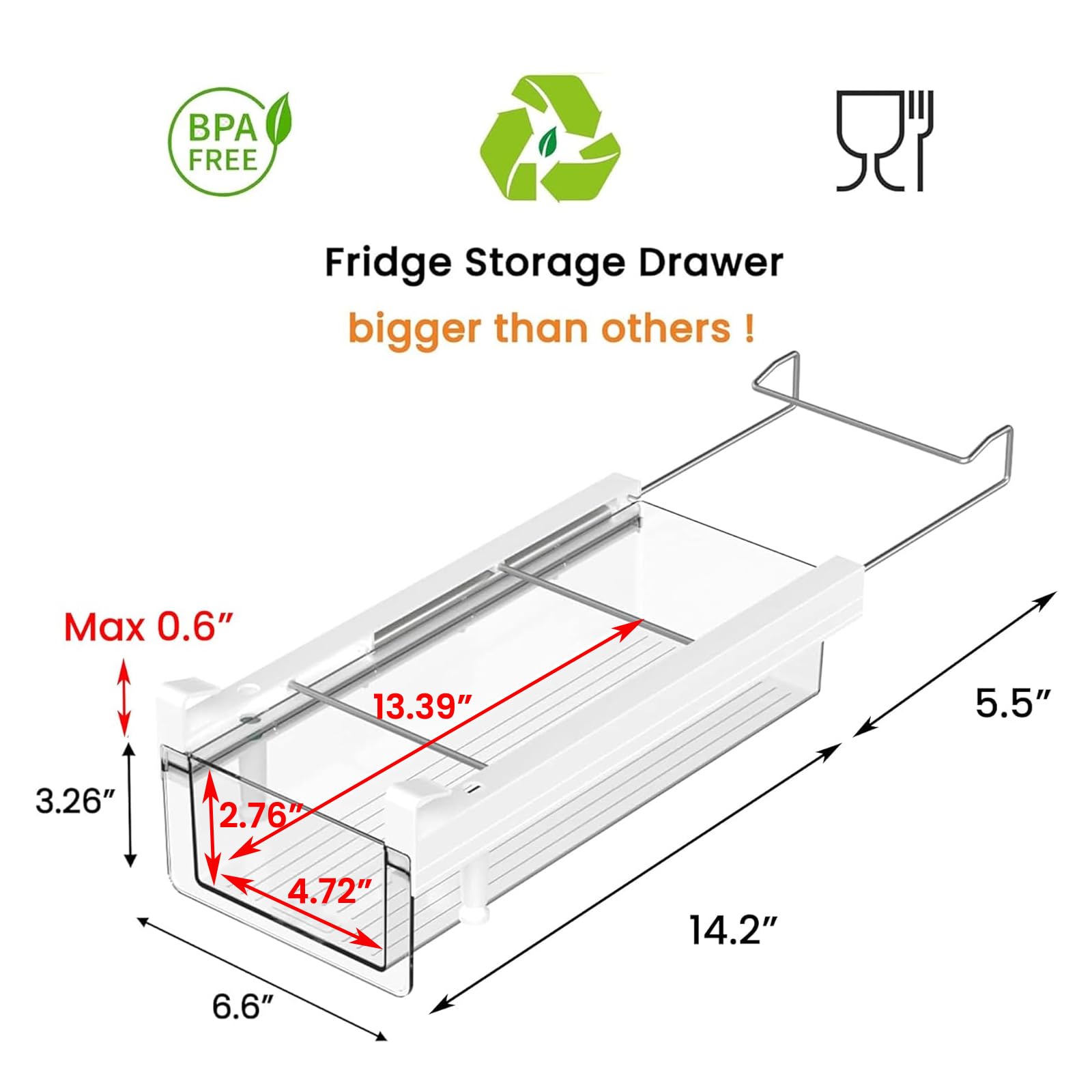 Cajón organizador de refrigerador, cubos organizadores de plástico transparente para refrigerador, contenedor de almacenamiento para refrigerador debajo del estante para frutas, verduras, 2