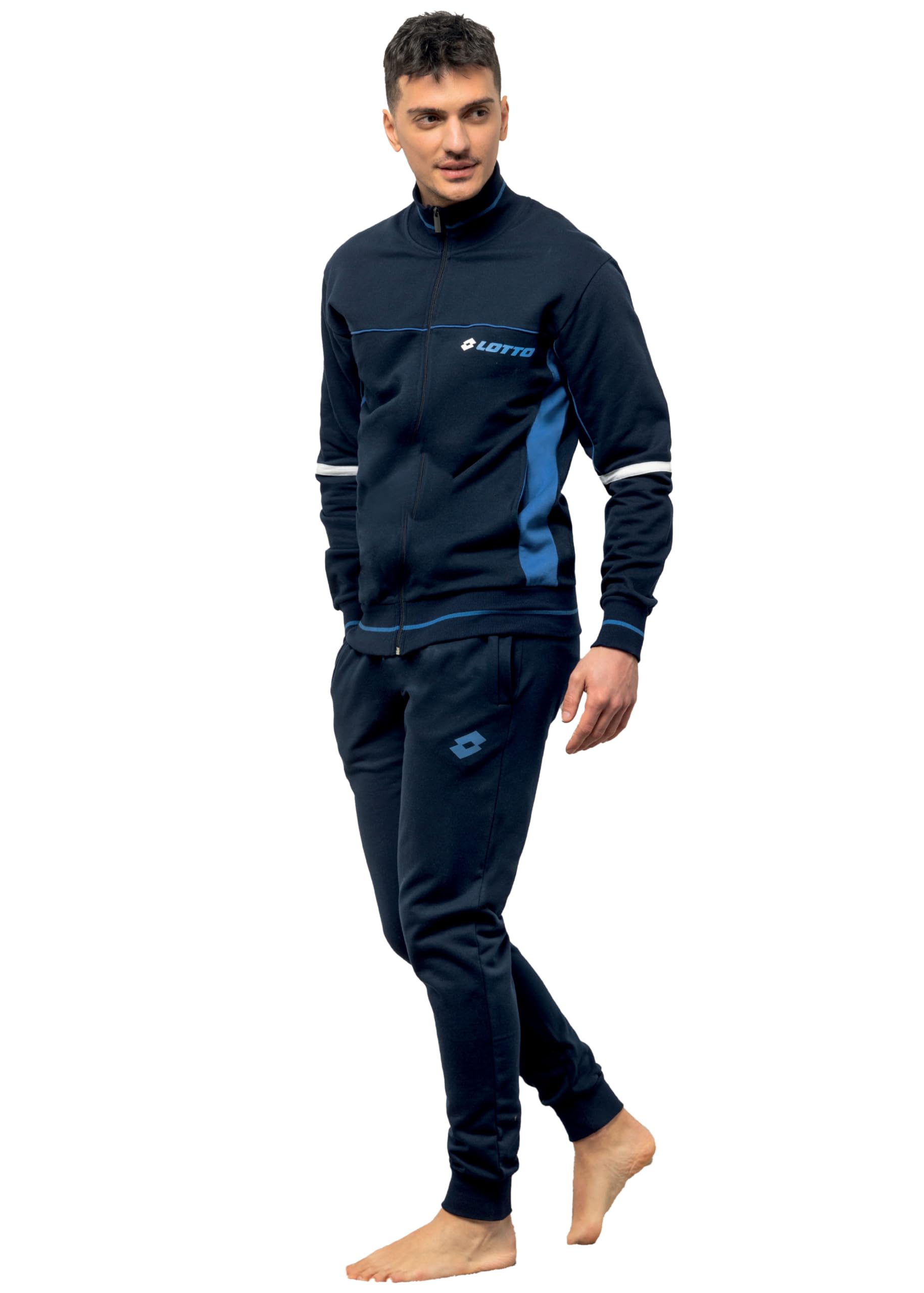 Lotto Tuta FELPATA Uomo + Calze Tennis Omaggio - Tuta Sportiva Autunno Inverno con ZIP Intera Cotone Felpato (IT, Testo, L, Regular, Regular, BLU 2016)