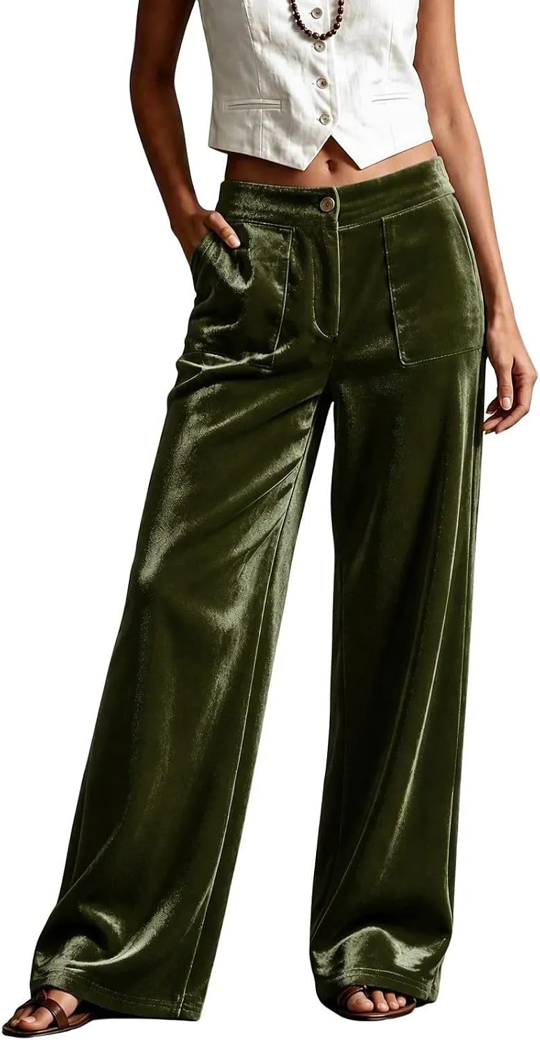 Women's Velvet Wide Leg Work Pants with Pockets
