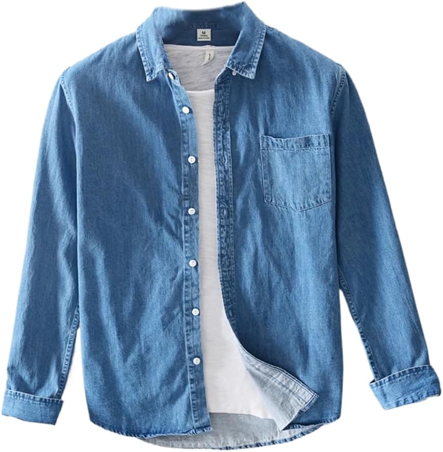 LIXINGHEITANG Cotton Men' Denim Shirts Autumn Thin Blue Long Sleeve Soft Daily Work Casual Shirt