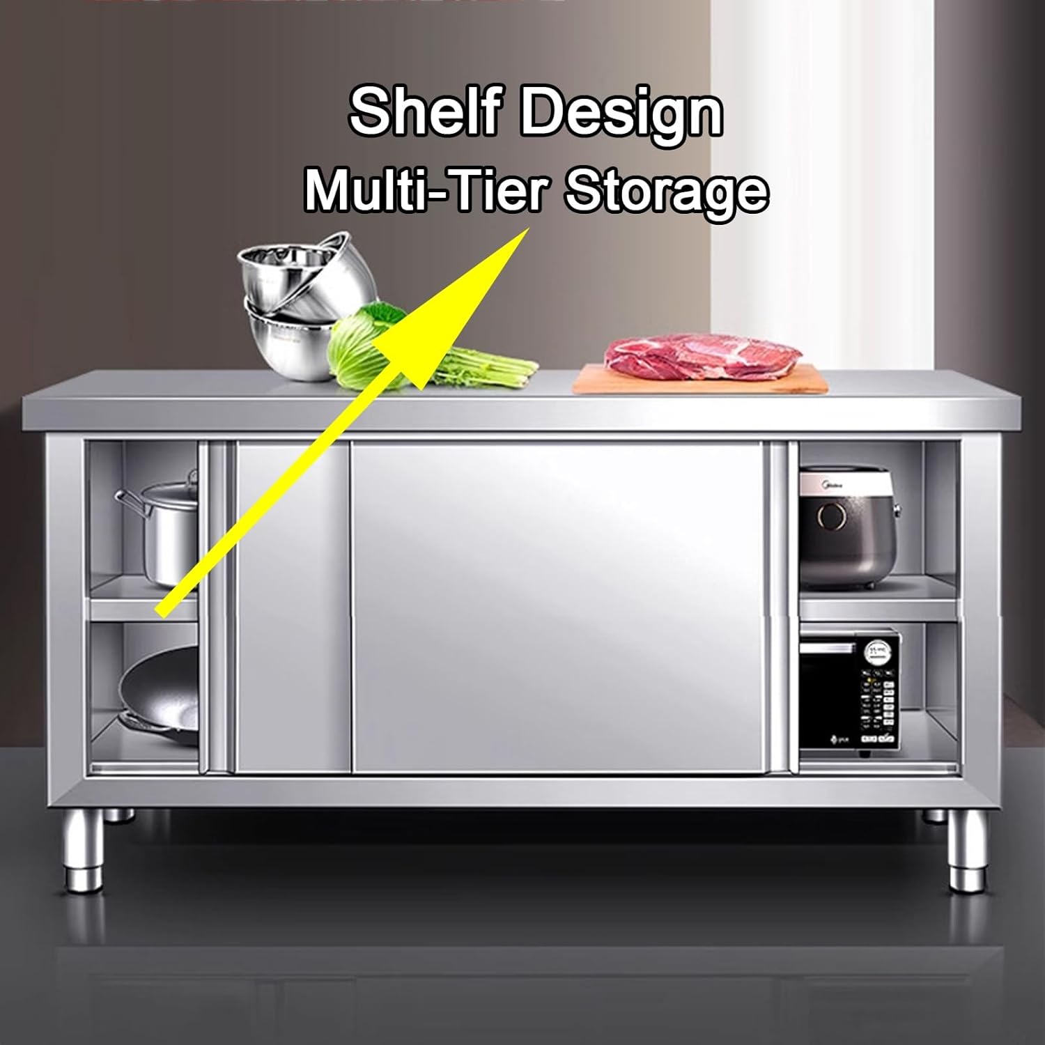 Stainless Steel Workbench with Sliding Doors Adjustable Legs Commercial Kitchen Work Table Reinforced Countertop Beams Folded Edge Design Suitable for Warehouses and Hotels