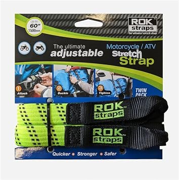 ROK Straps Motorcycle Adjustable Luggage Strap 25mm - 18"- 60" Twin Pack Fluo Green Black REflective ROK057