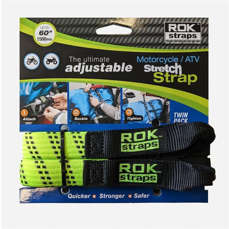 ROK Straps Motorcycle Adjustable Luggage Strap 25mm - 18"- 60" (Twin Pack) Fluo Green Black REflective ROK057
