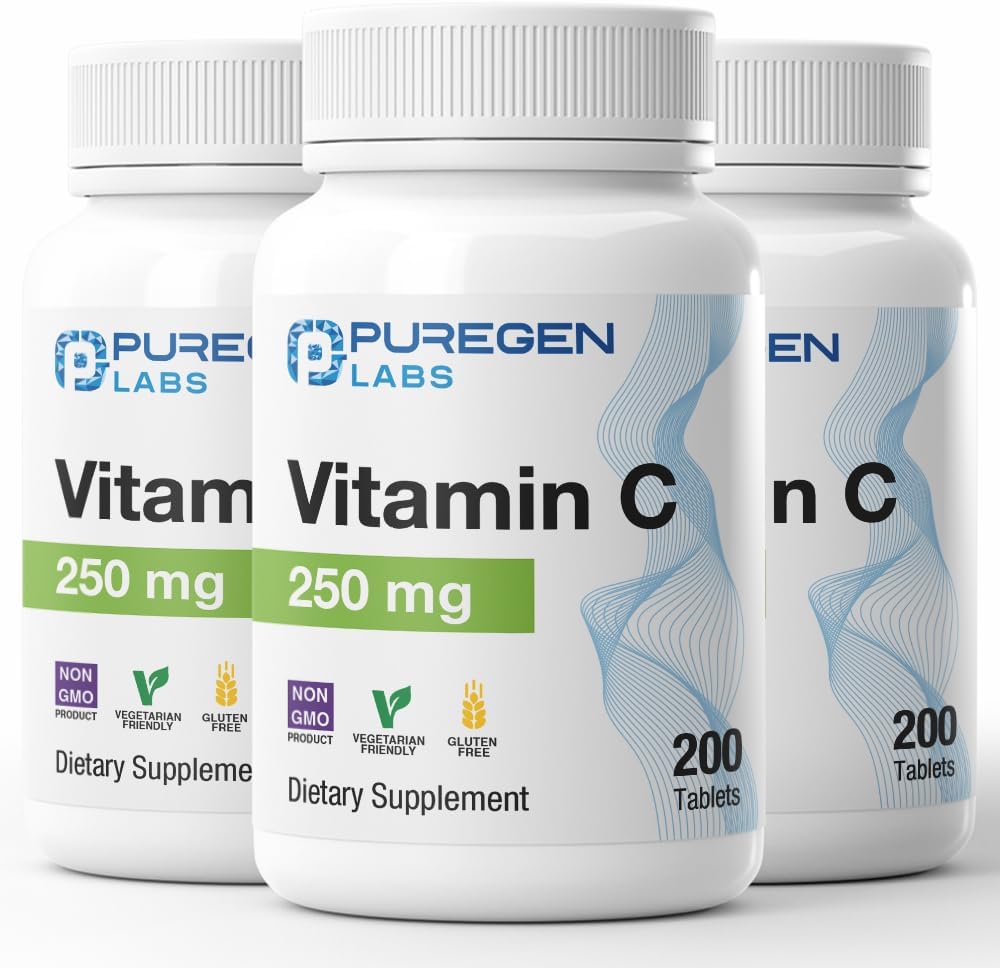 Puregen Labs Vitamin C 250 MG - Total 600 Tablets Supports a Healthy Immune System & Antioxidant Protection | Non-GMO | Gluten Free - 3 Pack