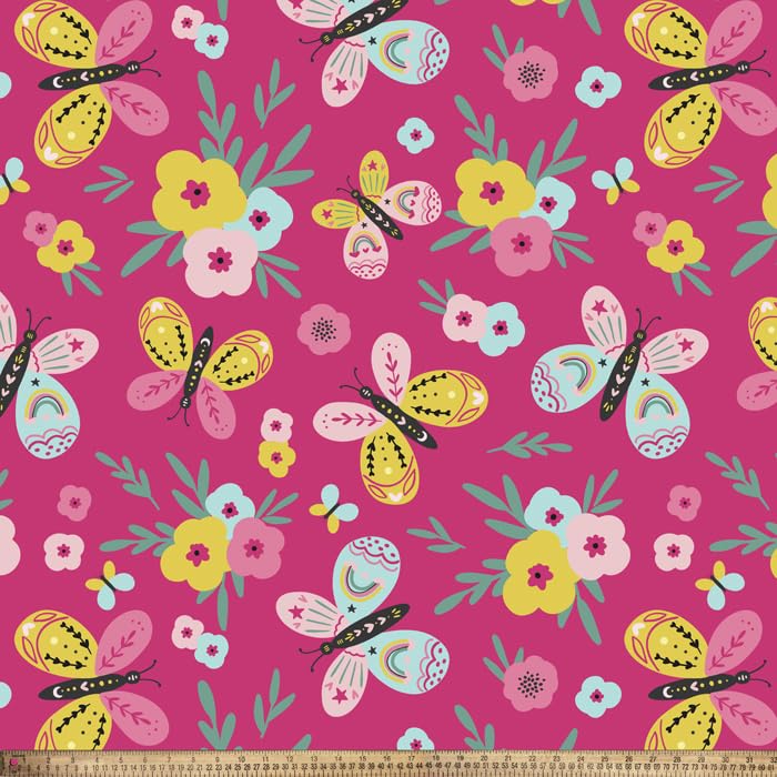 Butterfly and Flowers Pink Anti-Pill Premium Fleece Fabric by The Yard