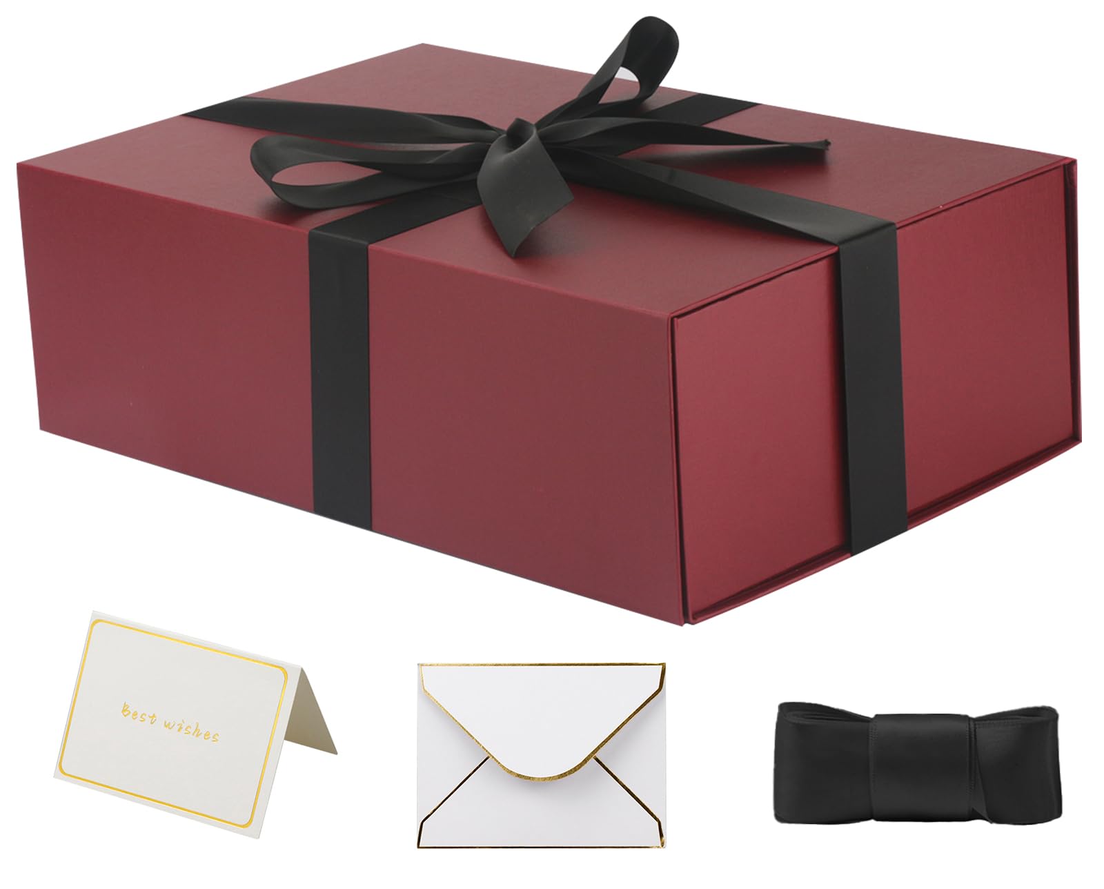 YINUOYOUJIA Large Burgundy Gift Boxes with Lid,14"x9"x4.5" Magnetic Gift Box with Ribbon,Cards and Envelopes for Presents,Great for Wedding,Birthdays,Crafting,Gift Packaging.