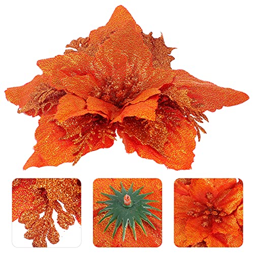 TOYANDONA 6 Pieces Glitter Poinsettia Flowers Christmas Tree Ornament Artificial Xmas Flowers Fake Flower DIY Wreath Festival Wedding New Year Christmas Decor (Orange) - Image 3