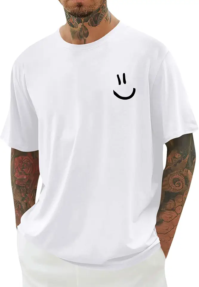 Mens Short Sleeve Graphic Tee Funny Smile Crew Neck T Shirts Loose Fit Summer Shirts