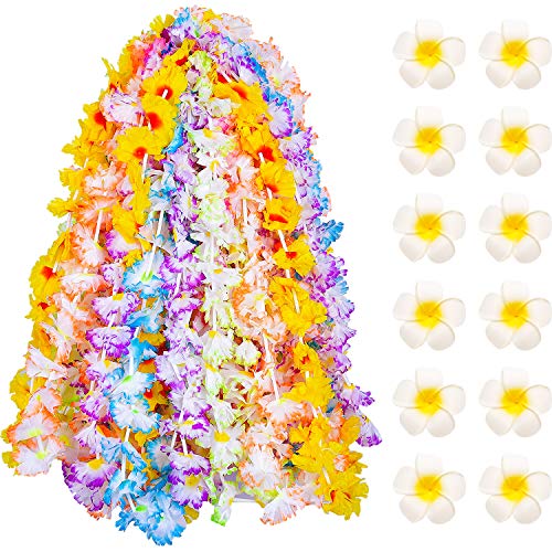 Blulu 24 Pieces Hawaiian Colorful Silk Flower Leis Jumbo Necklaces with 12 Pieces Hawaiian Flower Hair Clips for Party Supplies, Beach Party Decorations