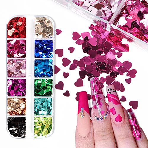 Heart Glitter Sequins For Valentine's Day Nail Art ,12 Colors 3D Holographic Sparkles Heart Shape Flakes Sticker Confetti Glitter Nail Decals For Nail Decoration Eye Face Body Diy Crafts #TOP2
